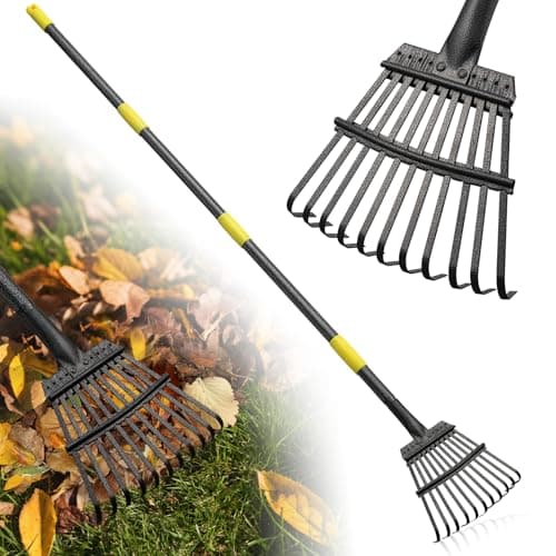 Garden Leaves Rake - 60 Inch Heavy Duty Small Shrub Rake - 11 Metal Tines - 8.5 inch Wide, Adjustable Handle,Garden Leaf Raking Tools for...