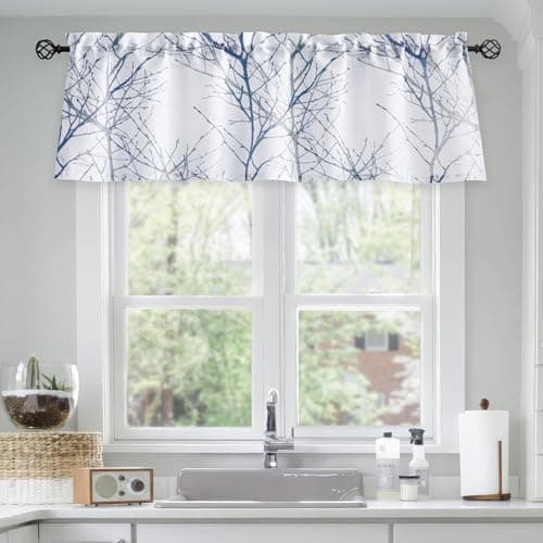 FMFUNCTEX Cantonnière de rideau de fenêtre de cuisine, cantonnière à motif de branches bleues pour le salon, petit rideau court semi-transparent de ferme 50 x 18...