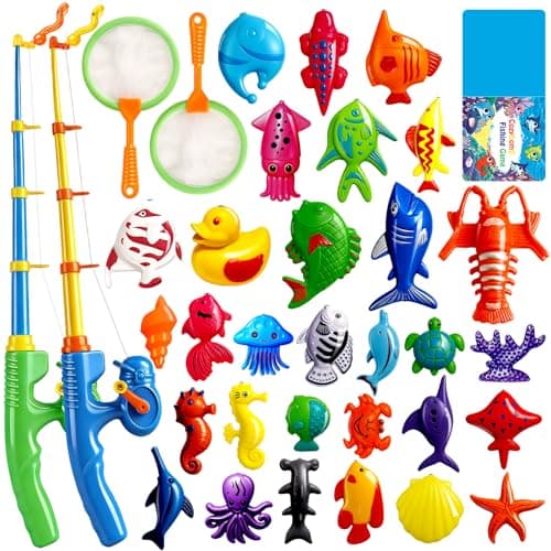 CozyBomB Jeu de jouets de piscine de pêche magnétique pour enfants - Table à eau, baignoire, jouet de fête pour enfants avec canne à pêche, filet en plastique, poisson flottant, couleur pour tout-petits...