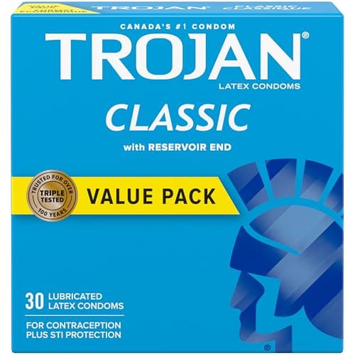 TROJAN Préservatifs classiques en latex lubrifiés, 30 pièces, conception lisse avec extrémité de réservoir spéciale pour plus de sécurité, lubrifiant soyeux et lisse pour plus de confort