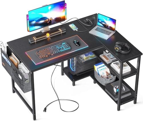 ODK 40 Inch Small L Shaped Gaming Computer Desk with Power Outlets, Reversible Storage Shelves & PC Stand for Home Office, Simple Writing Study...