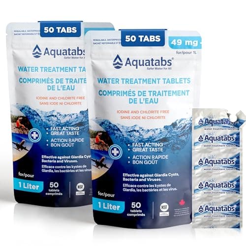 Aquatabs 49mg Water Treatment Tablets for 1L, 2 x 50-Pack (100 Tabs Total), Retail Packaging - Camping, Hiking & Travel - Iodine & Chlorite-Free,...