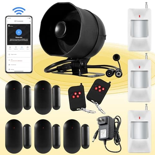 Upgraded WiFi Security Alarm System Kit-Wireless 120db Loud Weatherproof Siren Horn with Remote Control& Door Contact Sensor&Motion Sensor Alarm...