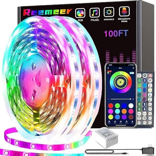 Lumières LED Reemeer pour chambre à coucher 100 pieds (2 rouleaux de 50 pieds) Bande lumineuse LED intelligente à synchronisation de musique à changement de couleur avec application et télécommande Bande LED RVB,...