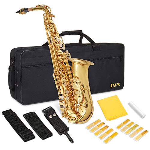 LyxJam Kit de saxophone alto en mi plat en laiton, son professionnel, accessoires complets, idéal pour tous les joueurs, comprend un étui rigide, 10 anches supplémentaires,...