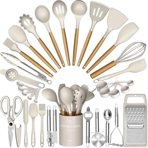 Thickened Silicone Cooking Utensils Set- Umite Chef Khaki Kitchen Utensils Set, 34PCS Heat Resistant Kitchen Gadgets Tools Set with Grater,...