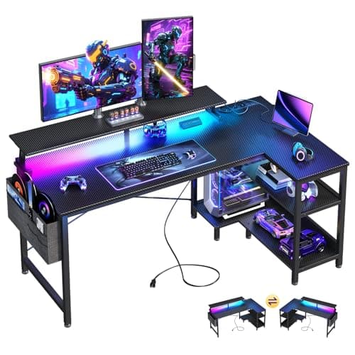 ODK 48 Inch Gaming Desk with USB Charging Ports and LED Lights, Reversible L Shaped Computer Desk with Storage Shelves & Monitor Stand, Corner...