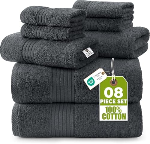 Utopia Towels 8 Piece Premium Towel Set, 2 Bath, 2 Hand, and 4 Washcloths,100% Ring Spun Cotton, Super Soft and Highly Absorbent, Grey