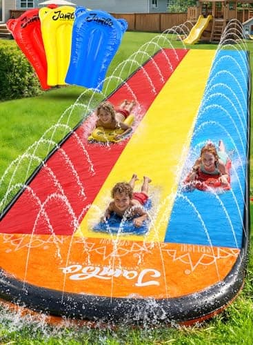 JAMBO Premium Triple toboggan aquatique et 3 bodyboards, modèle mis à jour Slip Splash et toboggan robuste - Système d'arrosage à 3 voies, tapis anti-éclaboussures...