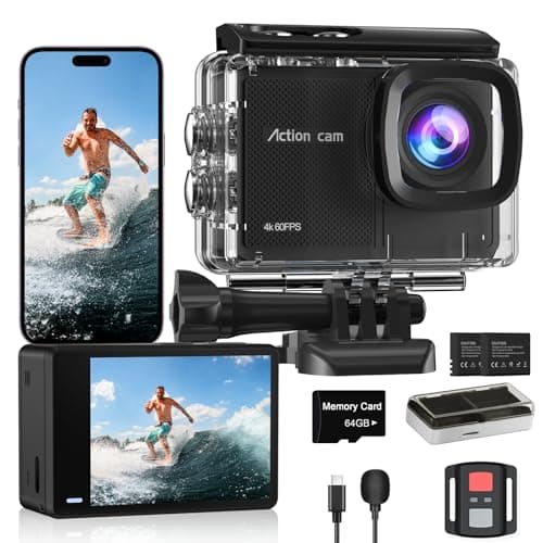 Caméra d'action 4K 60FPS avec carte 64 Go - Caméra étanche 48 MP, caméra sous-marine 40 M, zoom 8X, stabilisation EIS, WiFi, Rem...
