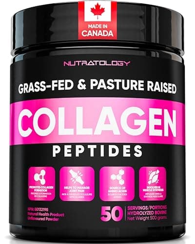 Poudre de collagène nutratologie | Nourris à l'herbe et fabriqués au Canada | Se dissout facilement | 50 portions | Favorise la santé des cheveux, de la peau, des ongles et des articulations |...