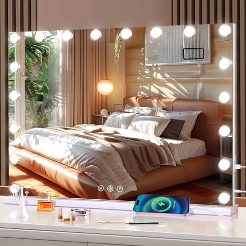 Vanity Mirror with Lights, 31.5" x 23.6" Large Makeup Mirror with Lights, Smart Touch Dimmable 3-Color Light, Memory Function, USB Charging Port