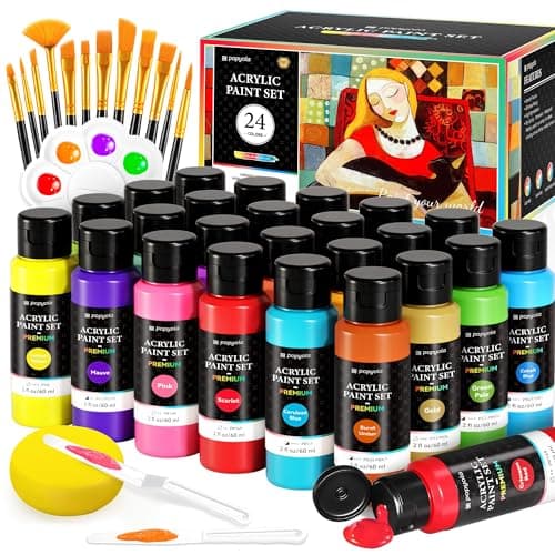 Ensemble de 40 peintures acryliques PCS avec 12 pinceaux, 2 couteaux, palette et éponge, 24 couleurs (2 oz/60 ml) Peinture artisanale pour débutants, professionnels, amateurs sur...