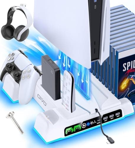PS5 / PS5 Slim / PS5 Pro Stand and Cooling Station with LED Controller Charging Station for PlayStation 5 Console, PS5 Controller Charger, PS5 /...