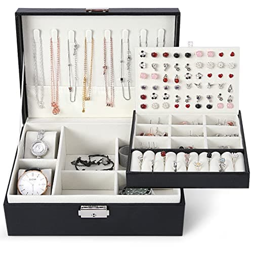 KTMOUW Jewelry Box, 2 Layer Large Jewelry Organizer PU Leather Travel Jewelry Case With Lock Vintage Jewelry Storage Display Case with Removable...