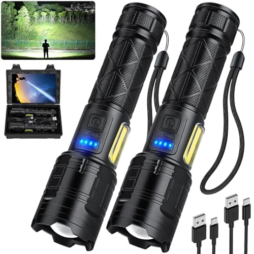 Lot de 2 lampes de poche LED rechargeables USB-C 990 000 lumens élevés, 7 modes d'autonomie 15 heures, étanche IPX7 pour le camping à domicile, la randonnée et les urgences