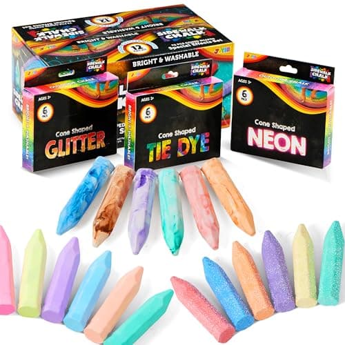 JOYIN 72 PCS Craies de trottoir lavables en 12 paquets, 18 couleurs, dont 12 Tie Dye, 12 paillettes et 12 couleurs néon, fournitures scolaires, salle de classe...