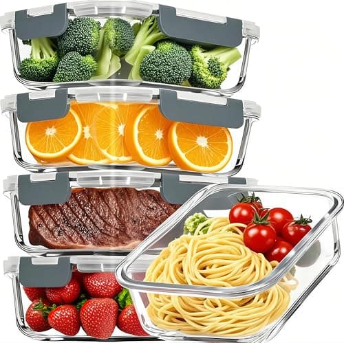 Pure Future 10-Piece Set (5-Pack, 36oz) Borosilicate Glass Food Storage Containers with Upgraded Detachable Locking Lids - Leak Proof Meal Prep...