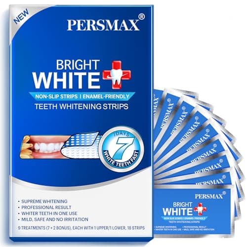 Bandes de blanchiment des dents PERSMAX – Traitements de 9 jours (7 + 2 bonus), Kit de 18 bandes – Effets professionnels antidérapants et sans douleur en 30 minutes, faciles à utiliser pour...