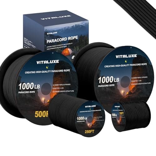 VITALUXE 1000lb Paracord Rope, 4mm 12 Triple Strands Paracord, Heavy Duty Tactical Parachute Cord for Survival Gear, Camping, Hiking, and Ideal for...