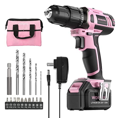 WORKPRO Ensemble perceuse-visseuse sans fil rose au lithium-ion 20 V, 1 batterie, chargeur et sac de rangement inclus - Ruban rose