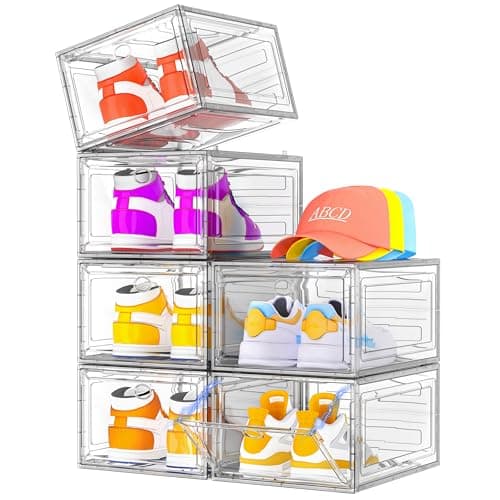 Thicken & Sturdy Clear Shoe Storage Organizer with Magnetic Door, Stackable Boxes for Closet, Foldable Space-Saving Shoe Rack for Sneaker Boot...