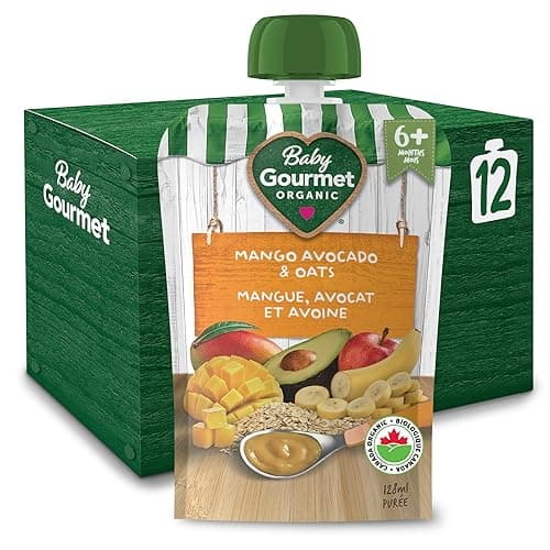 Purée de mangue, d'avocat et d'avoine Baby Gourmet, 12 sachets de 128 ml | 6 mois+ | Aliments biologiques pour bébés | Sans sucre ni sel ajoutés | Fabriqué au Canada