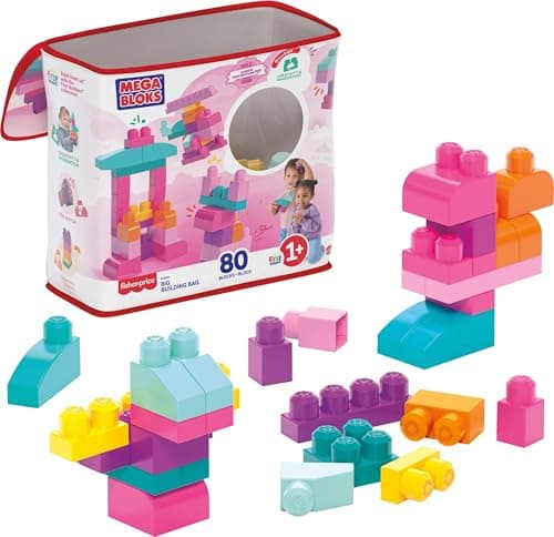 MEGA BLOKS Blocs de construction de 80 pièces, jouets pour tout-petits avec sac de rangement, grand sac de construction pour les tout-petits de 1 à 3 ans, rose