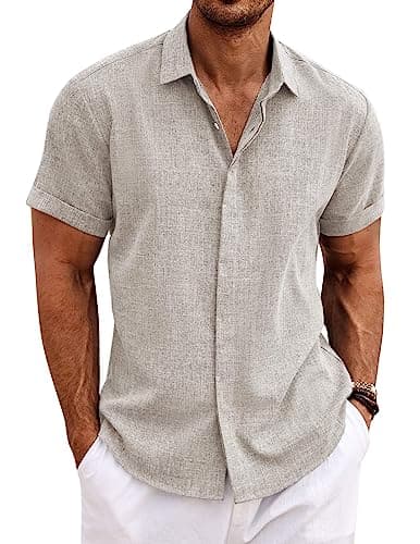 COOFANDY Men's Linen Shirts Short Sleeve Casual Shirts Button Down Shirt for Men Beach Summer Wedding Shirt, Stone, X-Large