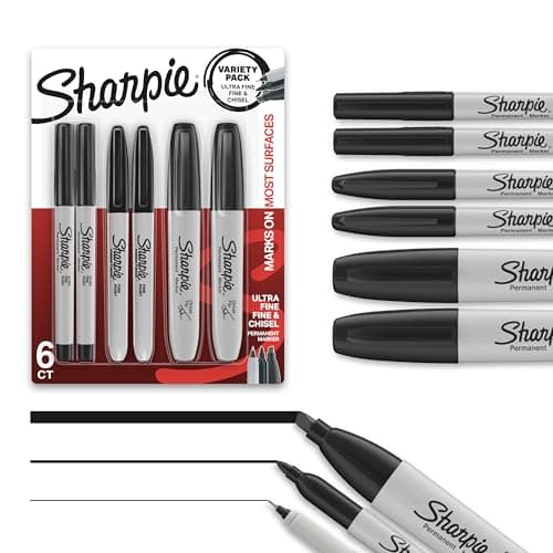 Sharpie Lot de 6 marqueurs permanents comprenant des marqueurs fins, ultra-fins et à pointe biseautée, noirs