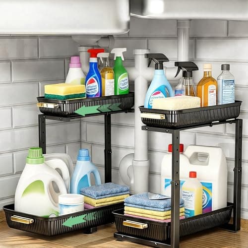 SNSLXH Under Sink Organizer 2 Pack, 2 Tier Pull Out Bathroom Storage Organizers, Kitchen Cabinet Organizers and Storage, Multi-Purpose Home &...