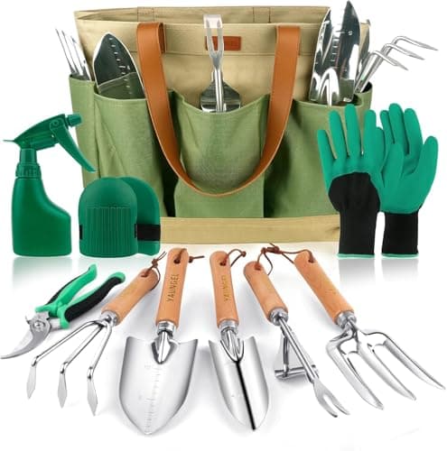 YAUNGEL Garden Tools Set, 10 Piece Heavy Duty Stainless Steel Gardening Tools with Non-Slip Wood Handle, Tote Bag, Gloves, Trowel, Kneel, Weeder...