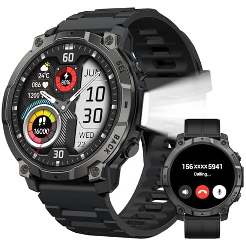 Montre intelligente militaire pour hommes avec lampe de poche LED, montre intelligente tactique robuste de 1,38" avec plus de 110 modes sportifs, tracker d'activité avec moniteur de sommeil, pas...