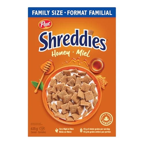 Céréales de petit-déjeuner Post Honey Shreddies, à base de grains entiers, très riches en fibres, format familial 635 g