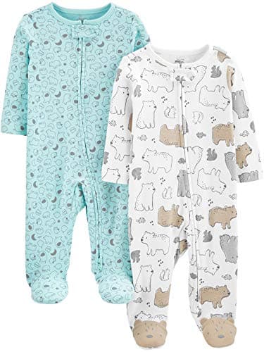Simple Joys by Carter's Baby Neutral Lot de 2 pyjamas et jeux en coton avec pieds, imprimé ours/animal, 3-6 mois