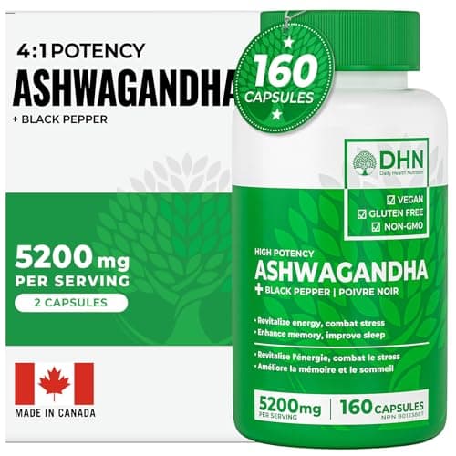 Ashwagandha Supplement Capsules | High Potency 4:1 Concentrated Root Extract with Black Pepper to Boost Absorption | 5200mg per serving...