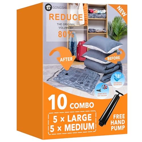 Vacuum Storage Bags (5 x Large, 5 x Medium), Space Saver Sealer Compression Bags with Travel Hand Pump