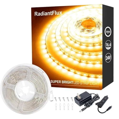 Bande lumineuse LED blanc chaud RadiantFlux pour chambre à coucher, 16,4 pieds 300 LED, bande lumineuse LED à intensité variable, flexible et super lumineuse pour le salon, la cuisine,...