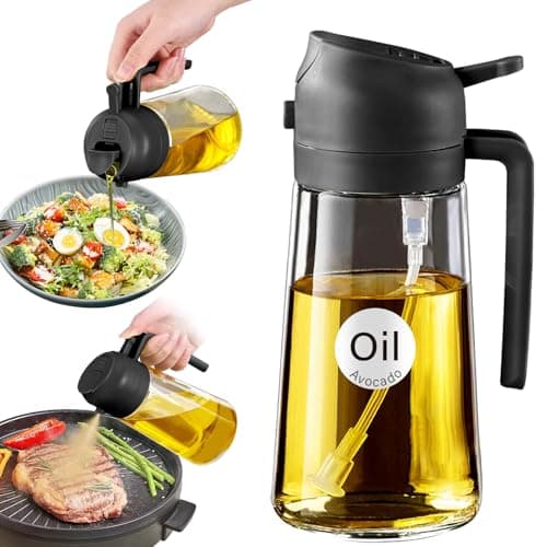 YARRAMATE Pulvérisateur d'huile 16 oz/470 ml pour la cuisine avec autocollants, bouteille distributrice d'huile d'olive 2 en 1 de qualité alimentaire pour gadgets de cuisine, friteuse à air,...