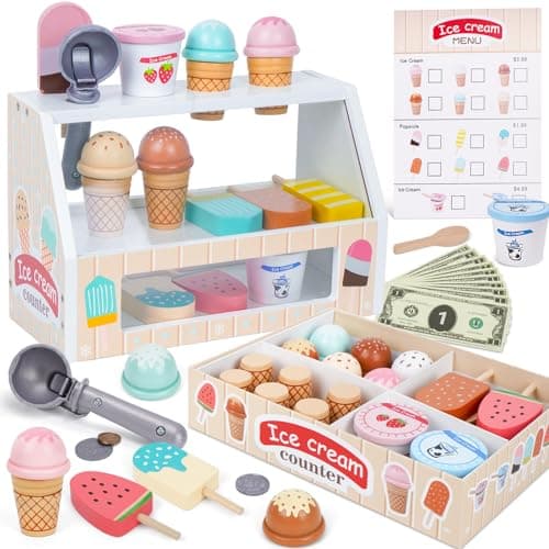 Wooden Ice Cream Counter Playset for Kids, Toddler Girl Toys Kitchen Playset Pretend Play Gifts for 3 4 5 6 Year Old Girl or Boy, Play Food Scoop...