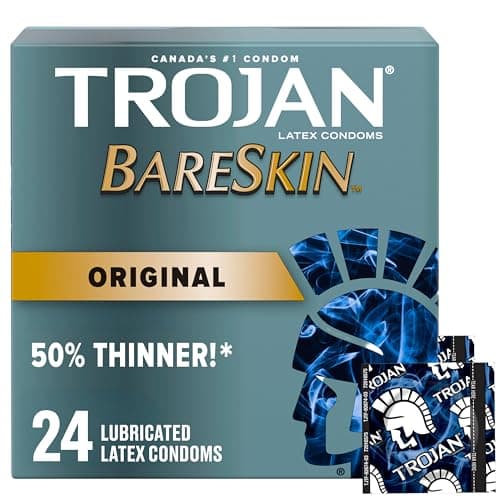 Préservatifs fins en latex lubrifiés originaux TROJAN BareSkin, 24 unités, pour une sensation plus naturelle, vous rapprochant avec une sensibilité accrue là où...