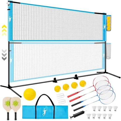 KIKILIVE Portable Badminton Net Set & Pickleball Net Set, 3/5FT Adjustable Height, with Volleyball & Pickleball Paddles & Badminton Rackets, for...