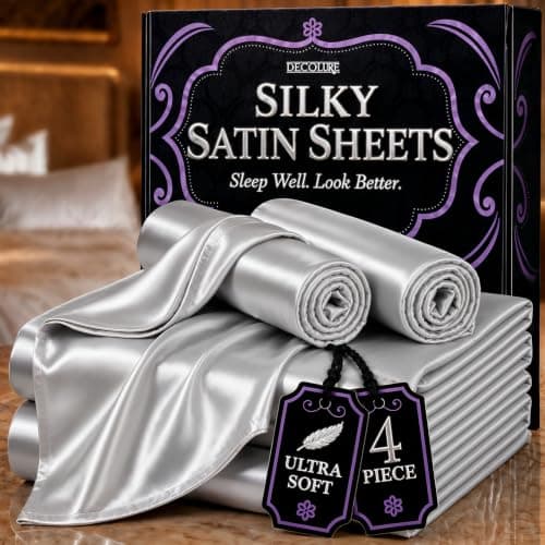 DECOLURE Satin Bed Sheets - 4 Piece Luxury Silky Queen Size Bedding Set - Softer Than Silk, Wrinkle-Free with 15” Deep Pocket Fitted Sheet, Perfect...