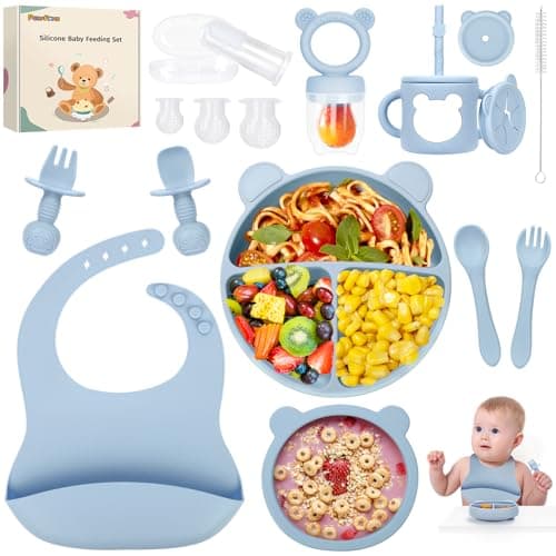 PERRYHOME 17-Piece Silicone Baby Feeding Set, Baby Led Weaning Feeding Supplies for Toddlers, Kids Suction Silicone Plates and Bowls Set for Baby...