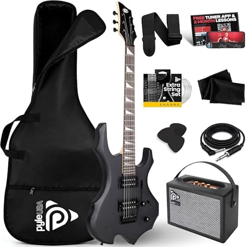 PYLE Electric Guitar – Full Size Heavy Metal, Fire- Shaped Body, Dual Humbucker Pickups, 24-Fret Neck, Includes 10W Amplifier & Accessory Kit...