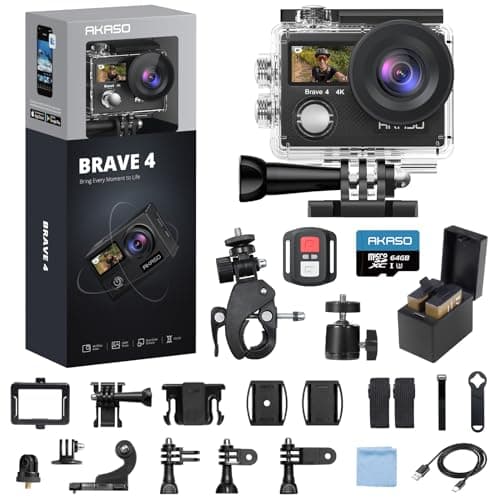 AKASO Brave 4 4K30fps Action Camera with 64GB MicroSDXC Memory Card Accessories Kit Bundle - 20MP Ultra HD Photo EIS 30m Waterproof Camera WiFi...