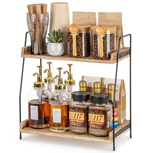ANBOXIT Organisateur de station de café pour comptoir, accessoires et organisateur de bar à café, étagère de comptoir de cuisine en bois, condiments de café à 2 niveaux...