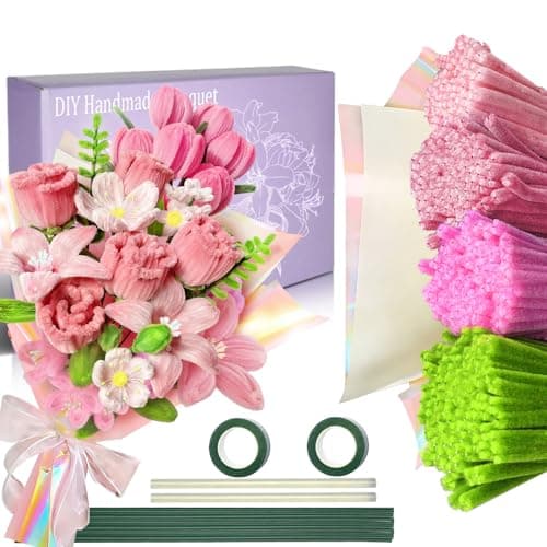 Yuemonzki 400 pcs Pipe Cleaners Craft Bulk,4 Assorted Colors Pipe Cleaners Bulk, Pink Chenille Stems Flower Making Kit Include 2 pcs bouquet...