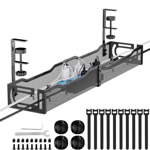 Cable Management, 64CM Cable Management Under Desk No Drill, Metal Cord Organizer with Clamp for Standing Desk, Cable Organizer for Home Office, Black