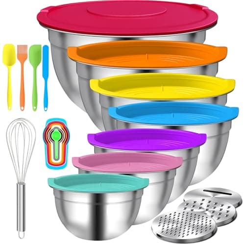 Menbyci 7 pièces bols à mélanger avec couvercles, bols gigognes en acier inoxydable avec 14 pièces jointes, 3 râpes, ustensiles de cuisine, ensemble de bols pour cuisine...